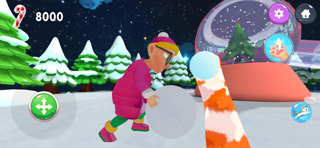 Vista en primera persona de una pata de gato naranja en un nivel de juego invernal nevado con la abuela