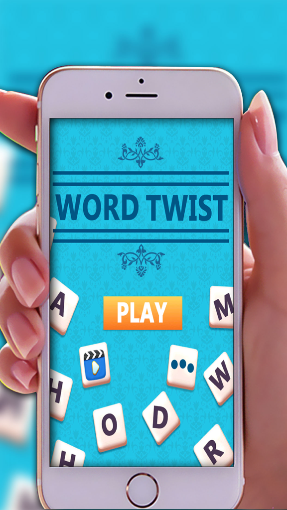Word Twist - Classic Word Game - Word Twist mobile app home screen with a play button and scattered letter tiles on a blue patterned background
