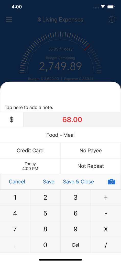 MoneyBook Pro app interface showing a manual expense entry for a food meal with a budget tracking gauge in the background