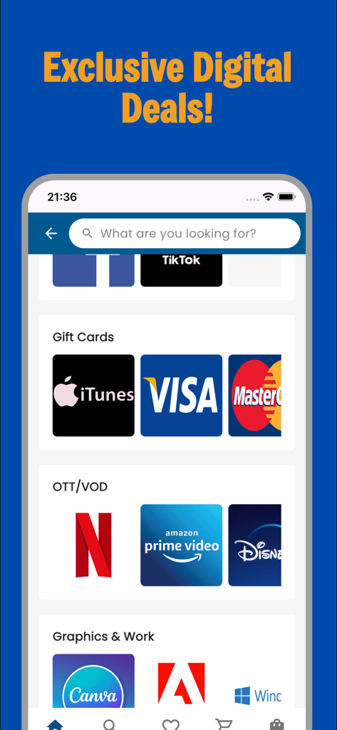 Medhey - Medhey app interface showing exclusive digital deals for international gift cards streaming services and creative software