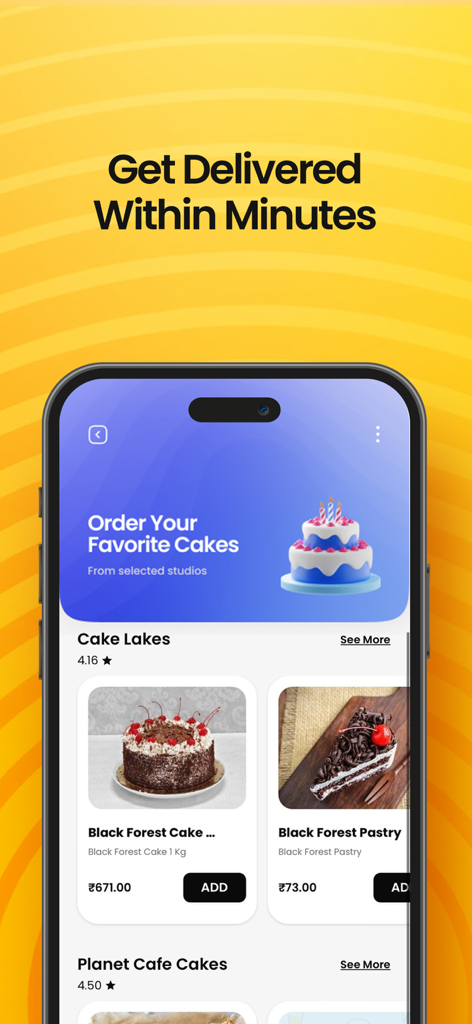 Eatiko - Delivery & Dine out - Eatiko mobile app screen showing a variety of cakes and pastries available for fast delivery