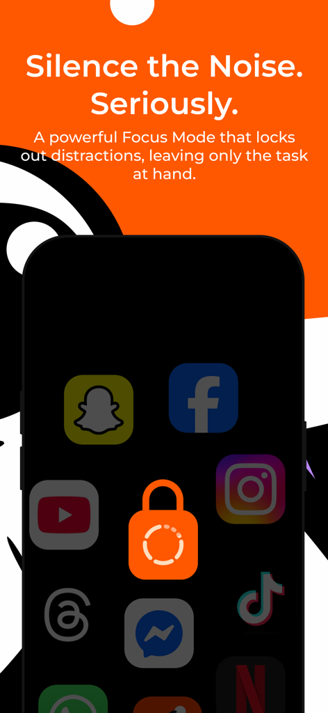 Focus Now - Pomodoro Timer - A smartphone screen showing social media icons dimmed and locked with an orange padlock to silence distractions.