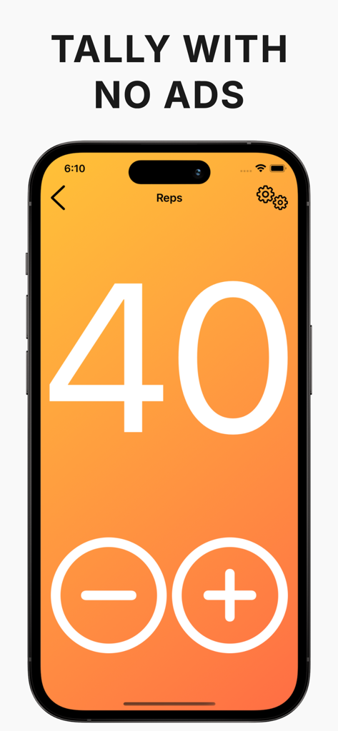 Tally Counter - Clicker - Digital tally counter screen showing a count of 40 for exercise reps with large plus and minus buttons and no advertisements.