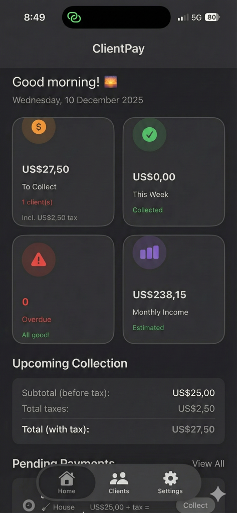 ClientPay: Client Billing App - ClientPay app dashboard showing financial overview with income statistics and upcoming collections