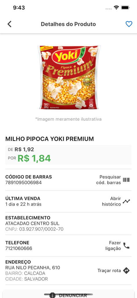 Preço da Hora Bahia - Tela de detalhes do produto no aplicativo Preço da Hora Bahia mostrando o preço da pipoca e a localização da loja.