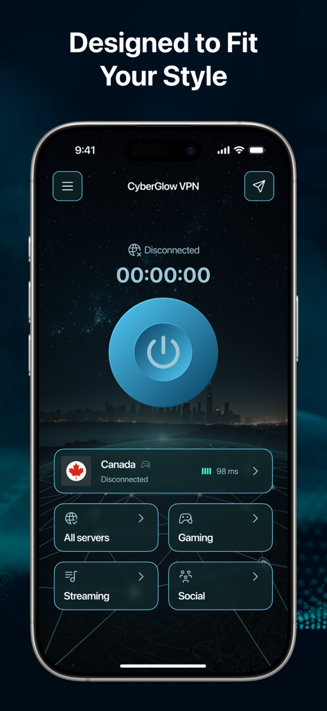CyberGlow VPN - AI Secure Tool - CyberGlow VPN mobile app dashboard featuring a dark theme and easy server selection buttons for gaming and streaming