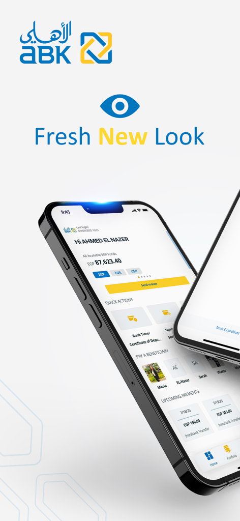 ABK-Egypt - Smartphone displaying the ABK-Egypt mobile banking app interface with account balances