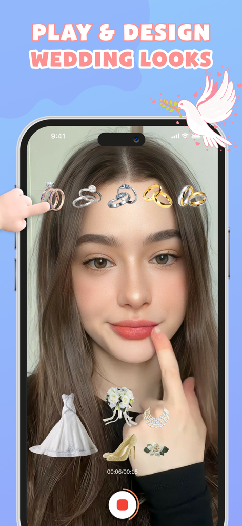 Choose Filter: Perfect Match - A young woman using a wedding filter to select rings and bridal accessories on her smartphone