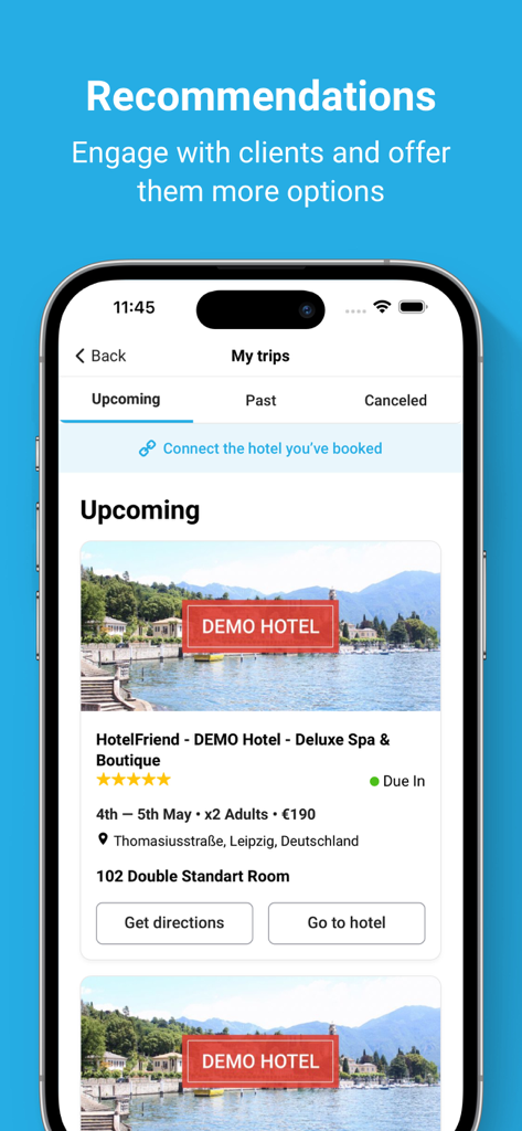 HotelFriend Guest Concierge - Interface of the HotelFriend Guest Concierge app showing an upcoming hotel reservation with booking details and navigation options.