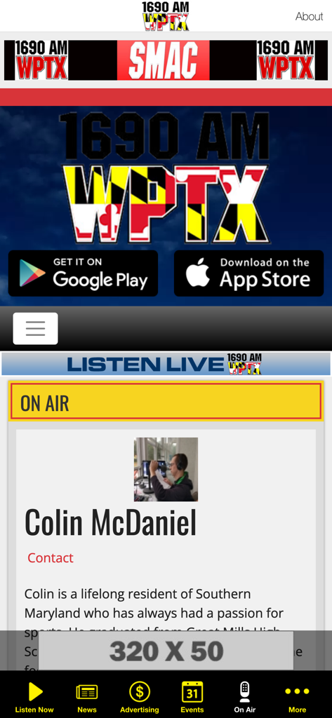 100.7FM & 1690 AM WPTX - WPTX 1690 AM radio app screen showing an on air host profile and navigation menu