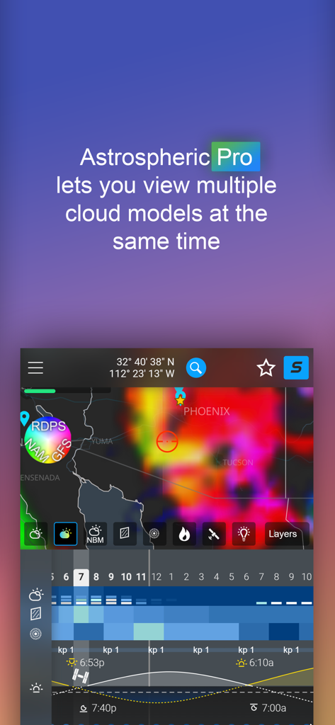 Astrospheric - Astrospheric Pro interface showing multiple cloud model overlays on a weather map with astronomical forecast data
