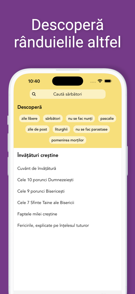 Captura de pantalla de la aplicación Calendario Ortodoxo que muestra categorías de festividades religiosas y enseñanzas cristianas en rumano.