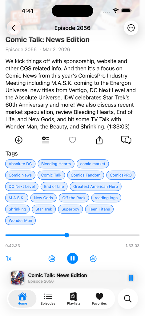 Comic Geek Speak Podcast - Comic Geek Speak Podcast app episode screen showing Comic Talk News Edition details, tags, and playback controls.