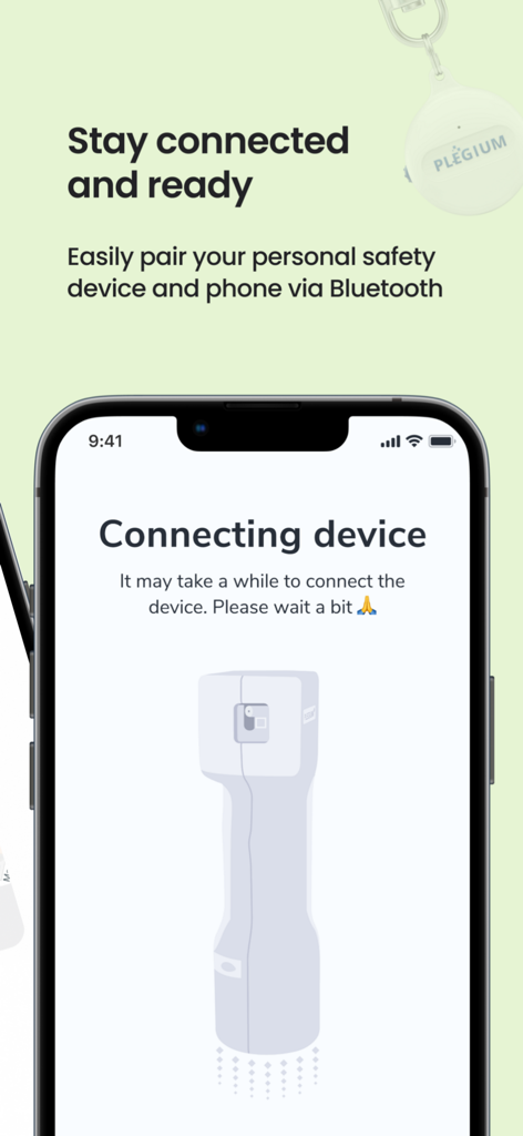 Plegium - Smartphone screen showing Plegium app connecting to a personal safety device via Bluetooth
