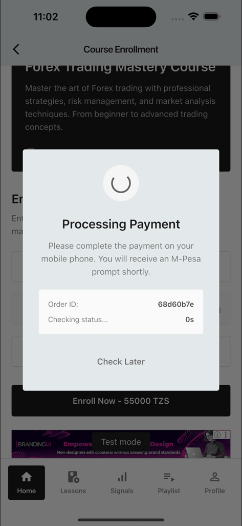 Mobile app screen showing a processing payment pop up for a Forex trading course enrollment
