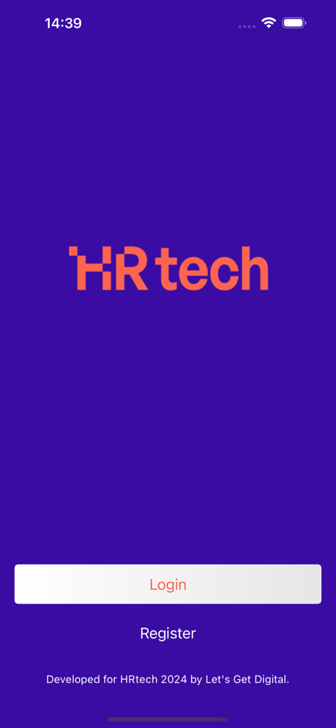 HRtechモバイルアプリのログイン画面。紫色の背景と中央にオレンジ色のロゴがあり、ログインまたは登録ボタンがあります。