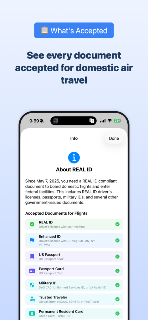 RealID Check - Information screen listing government documents accepted for domestic air travel including REAL ID and passports