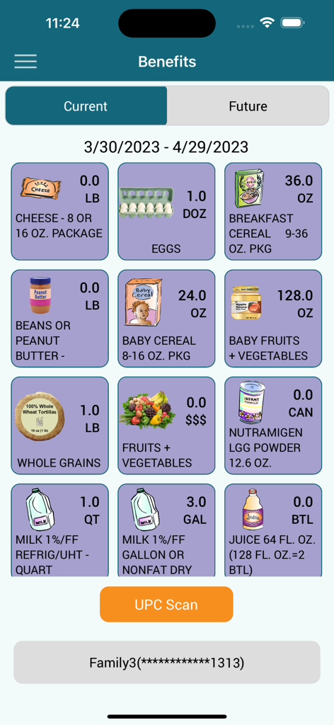 Florida WIC app interface displaying current food benefits including milk eggs and cereal with a UPC scan button
