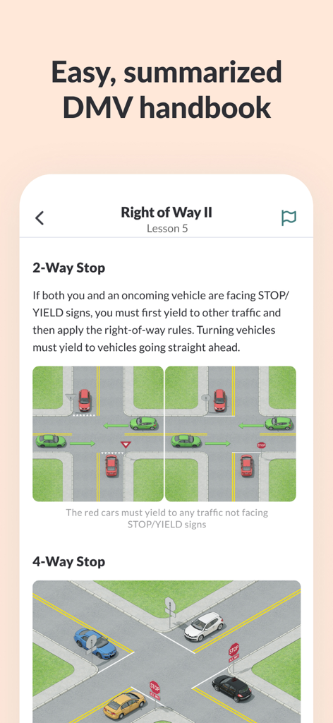 Zutobi: Permit & Driving Prep - Pantalla de la aplicación Zutobi que muestra una lección resumida del manual del DMV sobre las reglas de derecho de paso con diagramas de intersecciones.