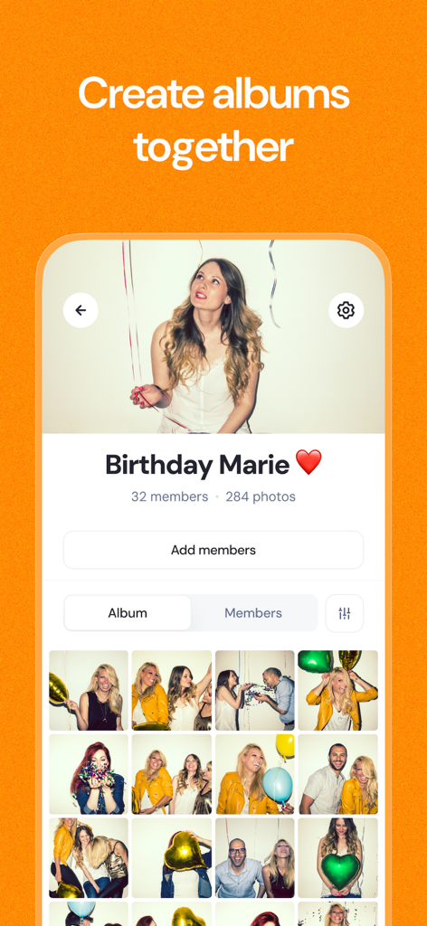 Airbum - Share photos & videos - Airbum mobile app interface displaying a shared birthday photo album with a grid of images and member count.