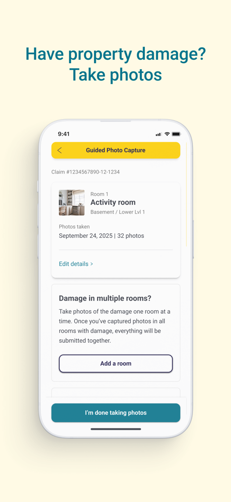 Mobile app screen for guided photo capture of property damage during an insurance claim.