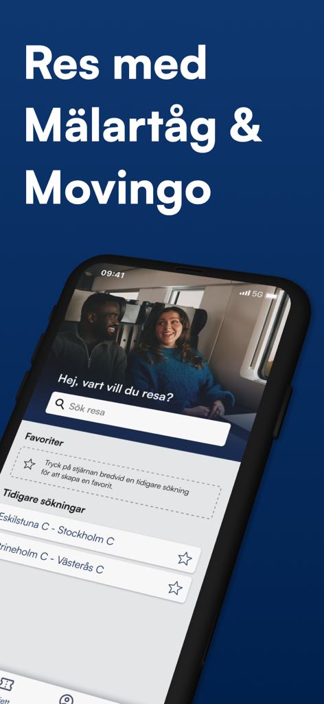 Mälardalstrafik - Malardalstrafik app search screen for Malartag and Movingo train travel