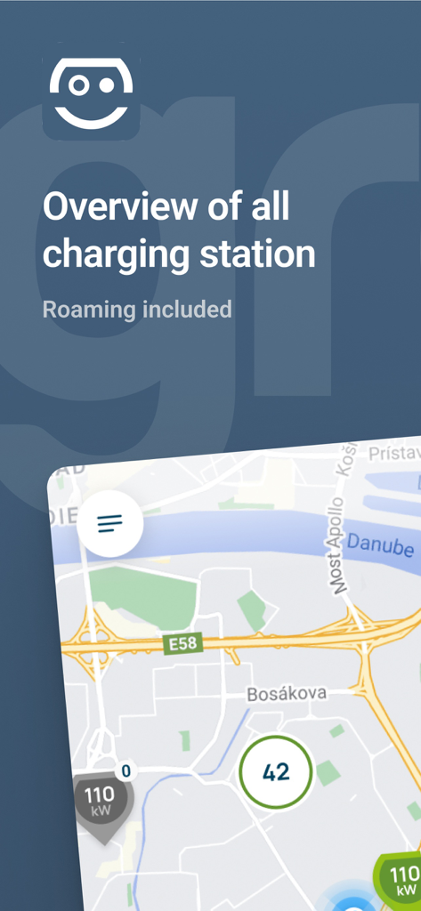 Interface de uma aplicação móvel que mostra um mapa de estações de carregamento de veículos elétricos com classificações de potência e informações de roaming