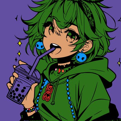 hot baddie anime girl drinking boba and biting the straw