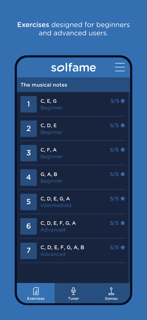 SolFaMe - SolFaMe app interface showing a list of musical note exercises for beginner intermediate and advanced levels