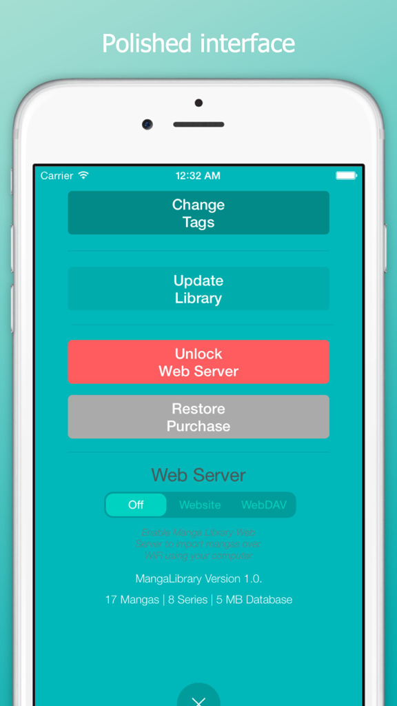 Manga Library, The FREE Manga and Comics Reader: Import your CBZ, ZIP, PDF, RAR, CBR files. - Settings screen of Manga Library app with web server and import options