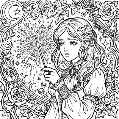 Step into a beautifully melancholic summer night with this gothic sparkler coloring page, featuring a Victorian-inspired character. Discover ornate details and shimmering sparks, ready for your creative touch.