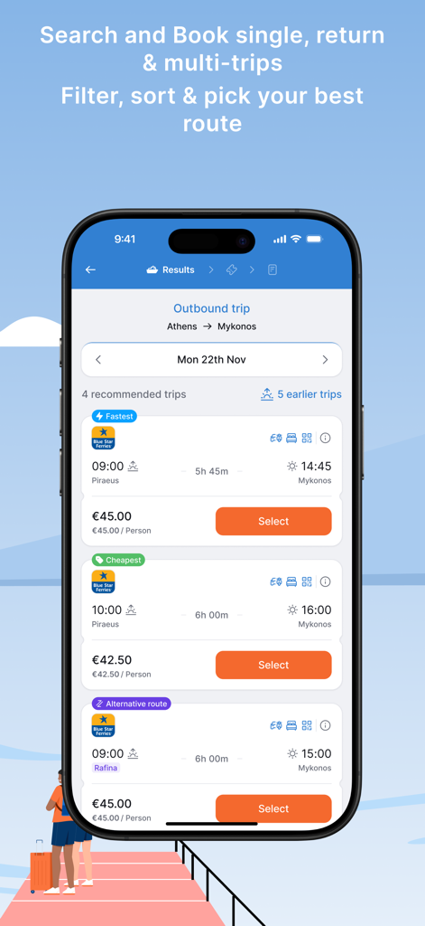 Openferry: Ferry Tickets - Interfaccia dell'app Openferry che visualizza i risultati della ricerca dei biglietti del traghetto da Atene a Mykonos con opzioni di prezzo e durata.