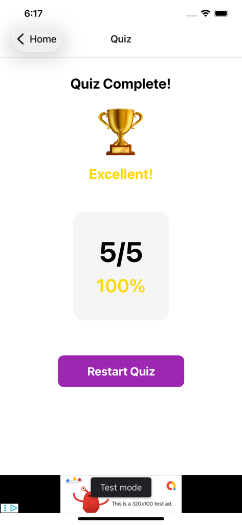 Quiz completion screen showing a perfect score and a gold trophy reward