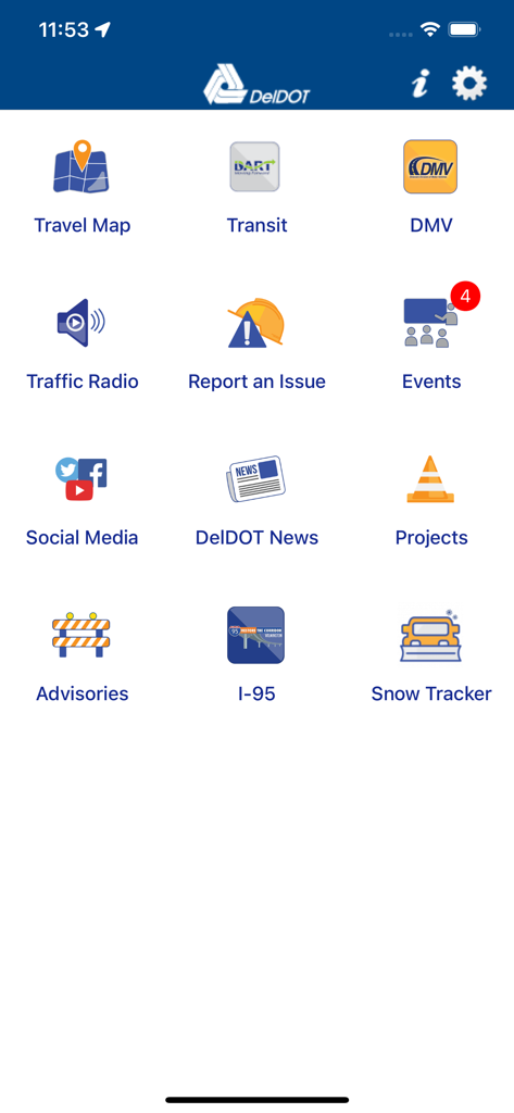 The DelDOT mobile app home screen showing various travel and transportation service icons like travel map traffic radio and snow tracker