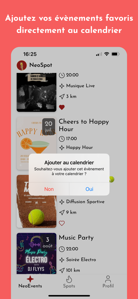 Oberfläche der NeoSpot App zeigt ein Event, das dem Kalender des Telefons hinzugefügt wird.