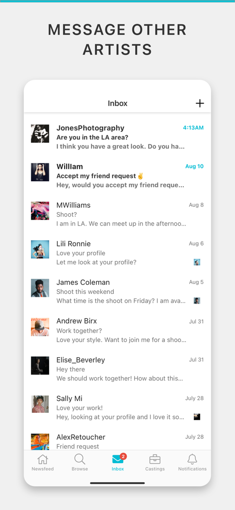 Model Mayhem - 사진 촬영을 위해 네트워킹하는 사진작가 및 모델의 직접 메시지 목록을 표시하는 Model Mayhem 앱 받은 편지함