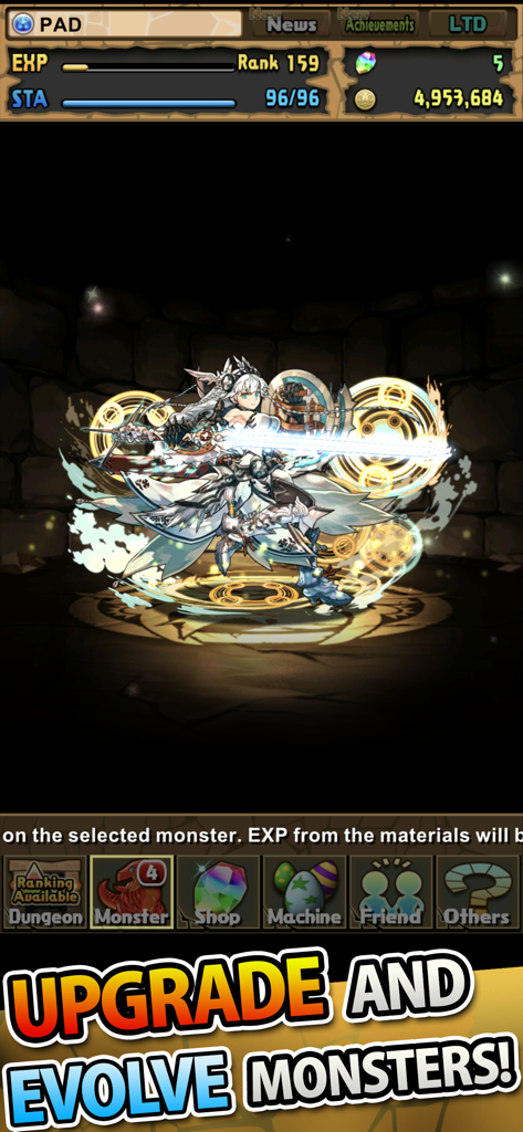 Un monstruo guerrero altamente evolucionado en la interfaz del juego móvil Puzzle and Dragons