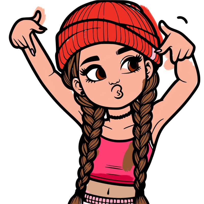 realistic teenage girl with braids and a beanie and crop top doing 🫶🏼
