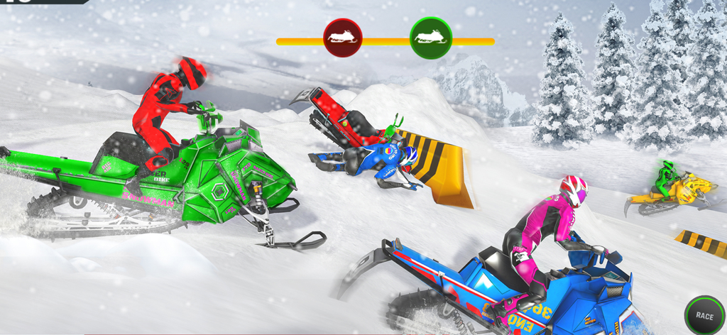 Snow Bike Racing Simulator ATV - Motoneves coloridas correndo por uma paisagem montanhosa nevada no aplicativo Simulador de Corrida de Moto de Neve ATV