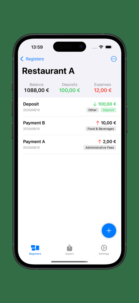 Panel financiero de una caja registradora específica en la aplicación Cash Register Multi mostrando depósitos de saldo y transacciones recientes para un restaurante.