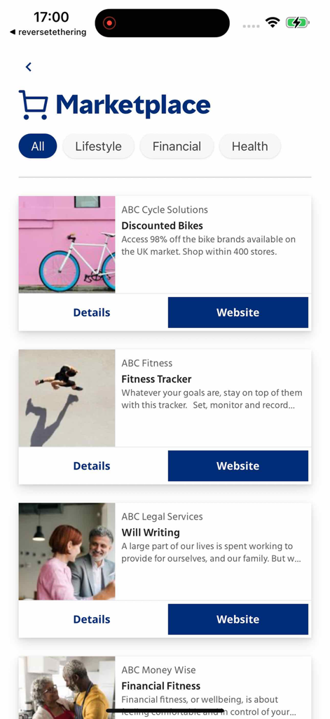 Marketplace screen in the Benefits You app showing corporate lifestyle and financial benefit offers
