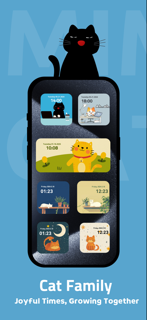 Smartphone home screen showing a variety of cute cat themed clock widgets from the Lucky Widgets app