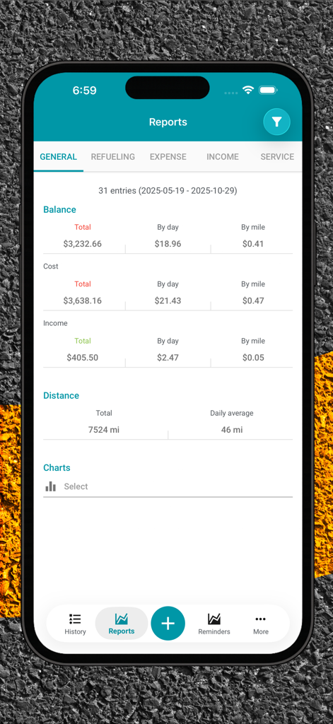 Drivvo - Vehicle management - Drivvo app reports screen showing vehicle balance, cost, income, and distance data.