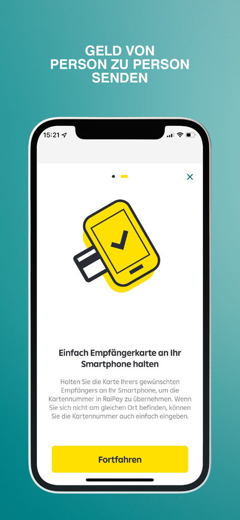 RaiPay mobile app interface for person to person money transfers featuring a smartphone icon