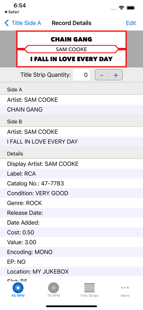 My Vinyl for Jukebox Owners - Record details and jukebox title strip preview for Sam Cooke Chain Gang in the My Vinyl app.