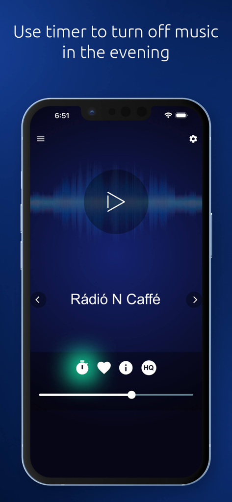 HU Radio - HU Radio app player screen showing a sleep timer feature to automatically turn off music in the evening.