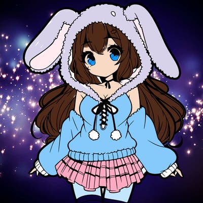 pretty anime girl wearing a fluffy hoodie with bunny ears on the hood and a skirt