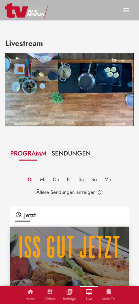 Oberfläche der TV Mainfranken App, die einen Kochshow-Livestream und den täglichen TV-Programmplan anzeigt