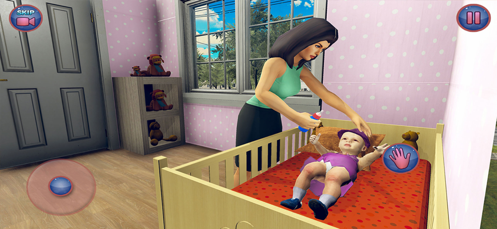 Real Mother Simulator - A 3D simulation game showing a virtual mother caring for a baby in a crib