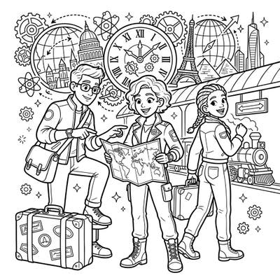 Embark on an extraordinary journey with our temporal agents as they plan their next big vacation! This detailed coloring page invites you to bring a world of time travel, global exploration, and futuristic adventure to life with your favorite colors.